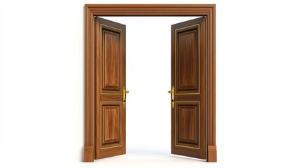 Double wooden doors with gold handles and classic molding, slightly open on white background.