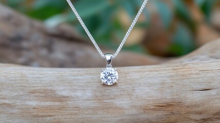 Fototapeta premium Silver diamond pendant necklace resting on natural driftwood in soft daylight.