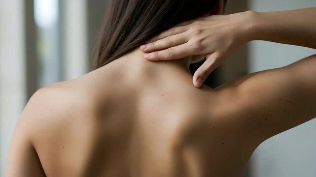Woman stretching upper back with hand