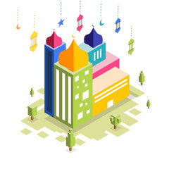 Obraz premium Dome Mosque with Hanging Lantern Decorations in Isometric Ramadan Kareem Scene