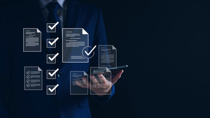 Electronic documents for business checklist concept, Businessman with electronic checking investment approval, executing plan, project approved, digital signature, digital business