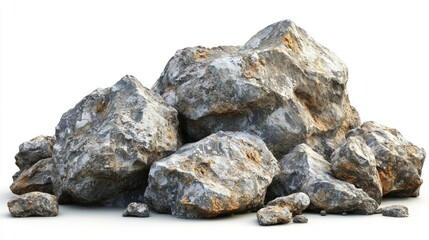 Dry land boulders with rugged and dusty surfaces, white background