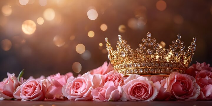 Golden Crown Resting on a Bed of Pink Roses: Royalty, Elegance, and Beauty