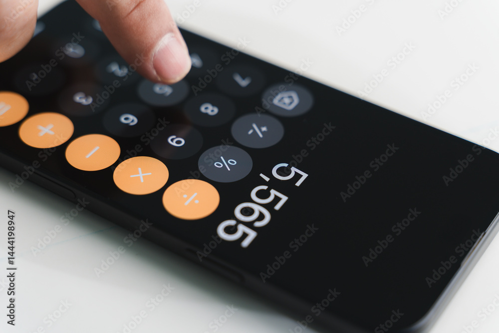 Poster man accountant working on desk using calculator calculate while working analytic accounting