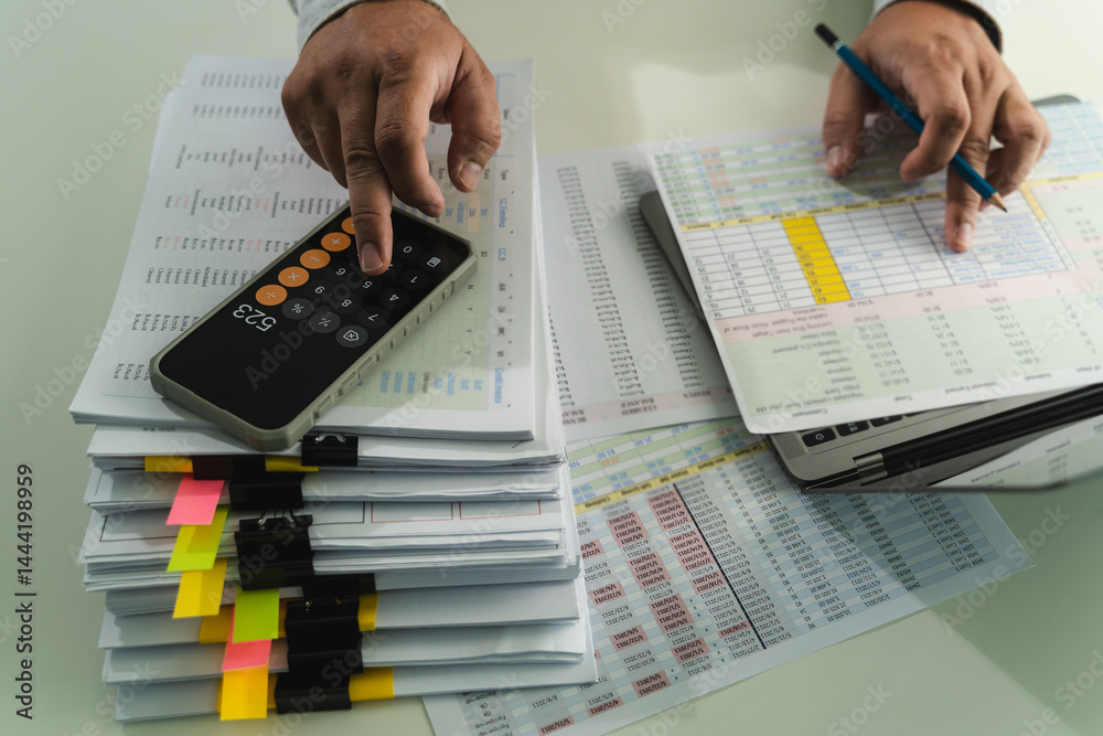 Poster man accountant working on desk using calculator calculate while working analytic accounting