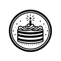 Minimalist Birthday Cake Icon in Circle - Black and White Illustration