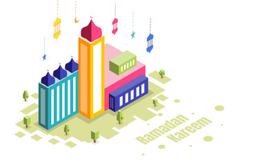 Obraz premium Colorful Isometric Mosque Buildings with Hanging Lanterns and Ramadan Kareem Message