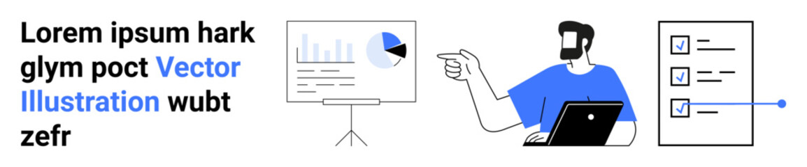 Man explaining pie and bar chart on stand with checklist for task progress. Ideal for business strategy, corporate training, productivity, project planning, team collaboration, workflow monitoring