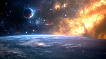 Stunning cosmic landscape fiery nebula planet space starscape galaxy sky red art fire blue dark view