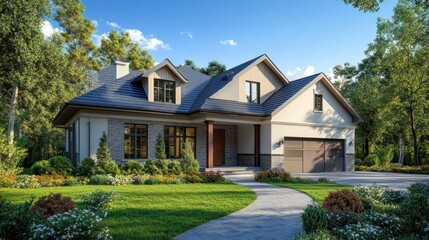 House Image. 3D Rendered Exterior of Real Estate Property with Front Yard Garden and Garage