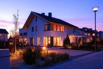 House Lighting. Glowing Street Light in Front of Modern Bavarian Suburban House at Dusk