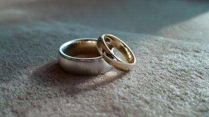 Wedding rings resting on velvet, bathed in soft light, symbolizing love and commitment in a timeless moment.
