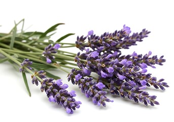 A close up shot of a bunch of lavender flowers with green stems lying on a white surface, isolated view