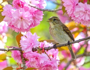 Fototapeta premium A small bird perched on a branch amidst a vibrant display of pink cherry blossoms.
