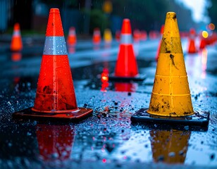 Rain-soaked traffic cones reflecting in a puddle on a dark, wet street at night.