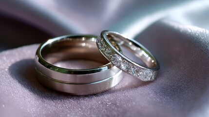Wedding rings resting on velvet, bathed in soft light, symbolizing love and commitment in a timeless moment.
