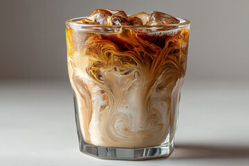 Iced Coffee Delight: A captivating close-up showcases a refreshing iced coffee, where rich coffee and creamy milk intertwine with ice cubes, creating a visual symphony of textures.