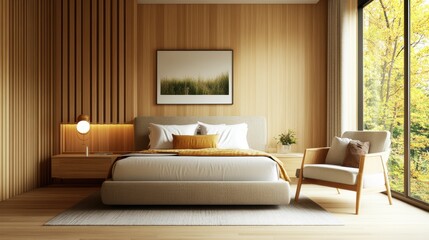 Minimalist Bedroom Design with Light Beige Walls, Wooden Floors, Gray Upholstered Bed, Wood Slat Accent Wall and Nature Print Decor for Relaxation