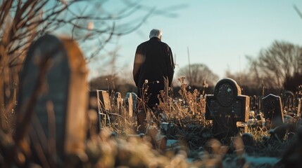 An elderly man standing alone in a field of gravestones