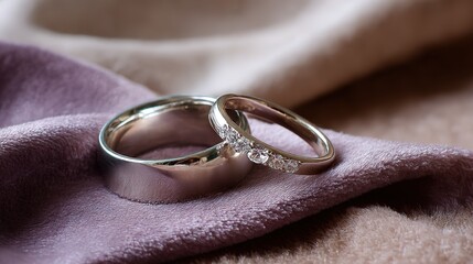 Wedding rings resting on velvet, bathed in soft light, symbolizing love and commitment in a timeless moment.
