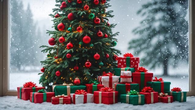 Winter Wonderland Christmas Tree with Presents and Snowy View