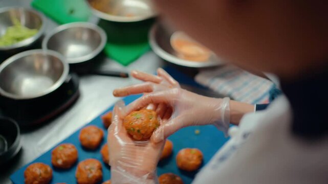 Chef-in-training preparing fishcake with gloves in professional kitchen.