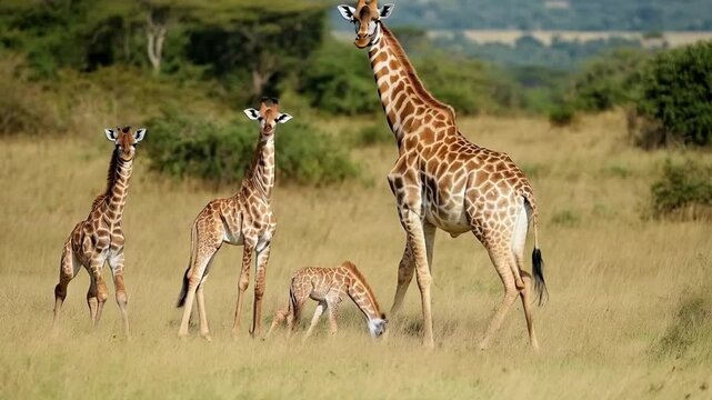 Graceful giraffes roam peacefully through a golden savannah landscape.