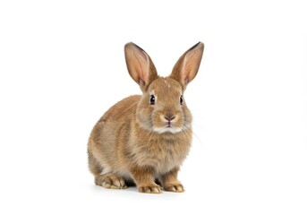 Fototapeta premium A light brown rabbit sitting upright with long ears on a white background in a studio shot view