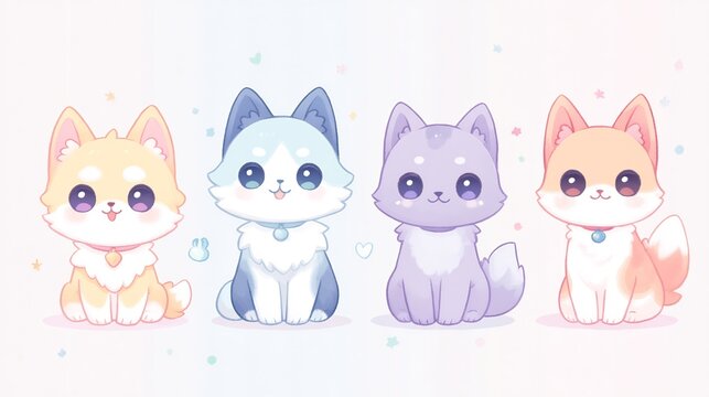 Adorable pastel cartoon pups in a colorful arrangement showcasing a variety of hues