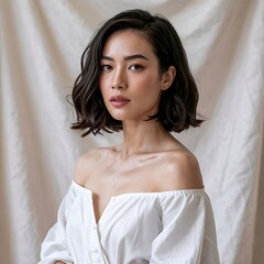 Elegant asian woman with short dark hair and off shoulder top