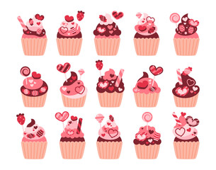 Valentine cupcakes flat vector illustration set