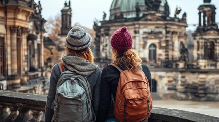 Obraz premium Exploring zwinger palace in dresden, germany - female tourist friends enjoying european travel experience
