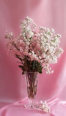 Fototapeta premium vibrant bouquet of delicate mimosblossoms adorned with glass vase stands proudly against soft pastel pink backdrop symbolic gesture of love and appreciation for women on International Womens Day or Mo