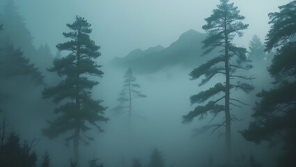 Fototapeta premium Misty mountains with fog and pine trees