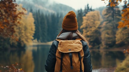 Woman exploring scenic nature trail in autumn, surrounded by colorful fall foliage