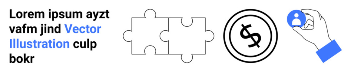 Two interlocking puzzle pieces, circle with dollar sign, hand holding person icon. Ideal for teamwork, finance, collaboration, creative problem solving, business strategy, user engagement abstract