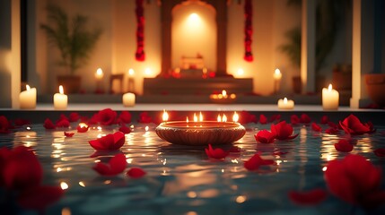 Candles and roses in decorative pool