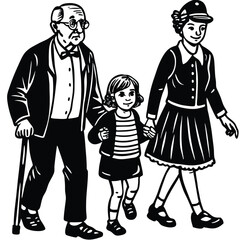 Fototapeta premium Three Generations Walking Together A Black and White Illustration