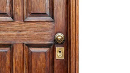 Elegant mahogany door with brass handle slightly ajar on white background.