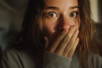 Surprised Woman Covering Mouth with Hand, Shocked Expression, Brown Hair, Dramatic Lighting