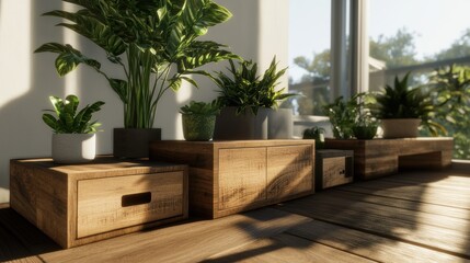 Sun-drenched minimalist interior featu a stunning collection of potted plants artfully arranged on low wooden storage units of varying heights and designs