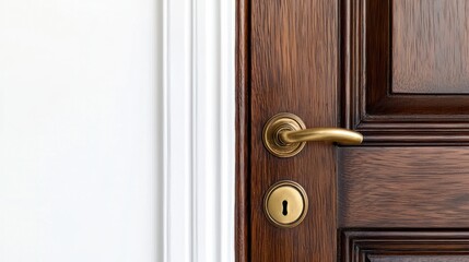 Obraz premium Elegant mahogany door with brass handle slightly ajar on white background.
