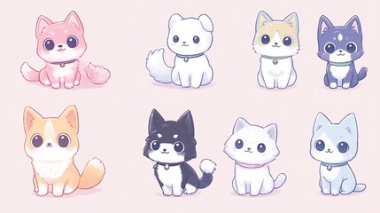A Collection of Adorable Cartoon Puppies in Pastel Shades on a Pink Background
