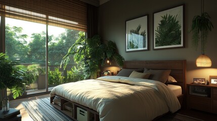 Sunlit bedroom featu a spacious bed surrounded by lush potted plants, botanical prints, and a view of a verdant outdoor space through glass doors