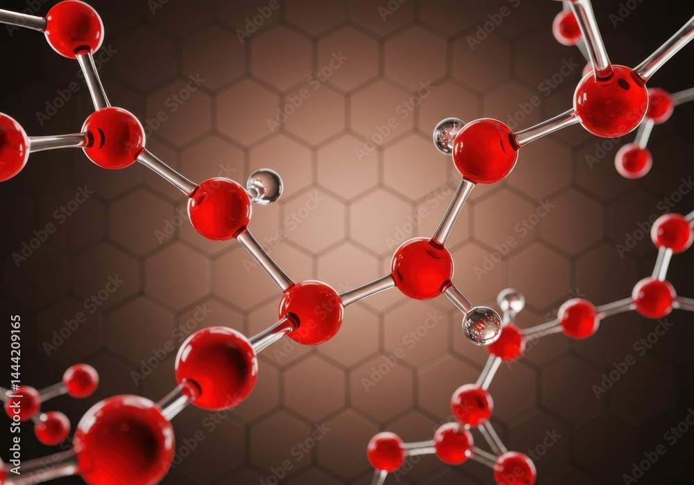 Wall mural red molecule structure on hexagonal background