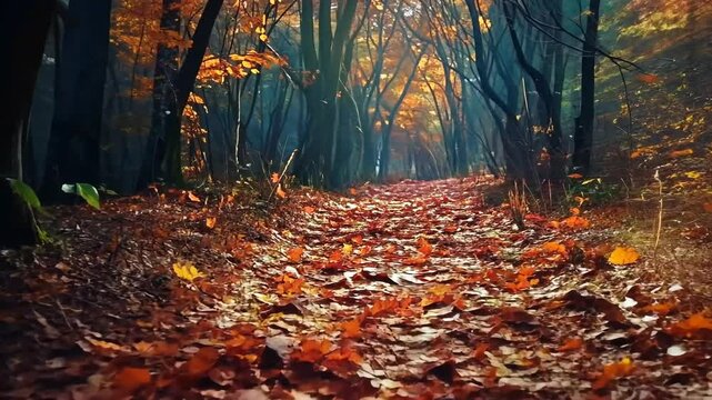 Autumn forest path with fallen leaves and sunlight