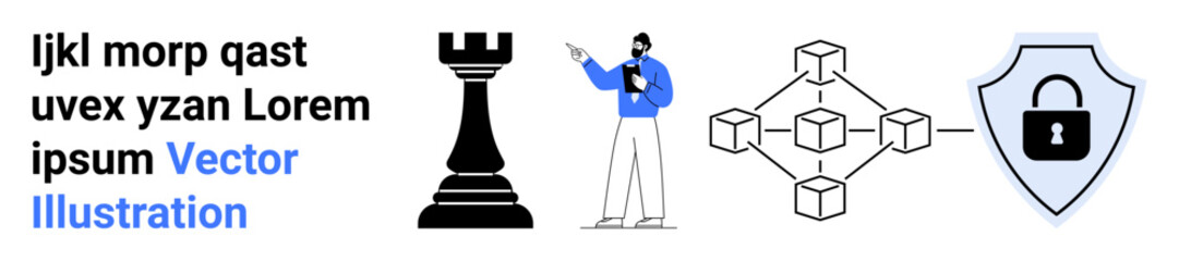 Castle chess piece, person with clipboard, blockchain network, and shield. Ideal for strategy, analysis, innovation, technology, cybersecurity digital systems simple landing page