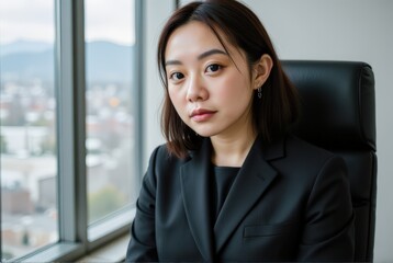 Realistic portrait of a woman leaning back in executive chair, stylish suit