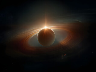 Stunning Planet Orbit With Bright Star and Ringed Atmosphere in Space