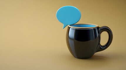 Blue speech bubble in black mug, beige background
